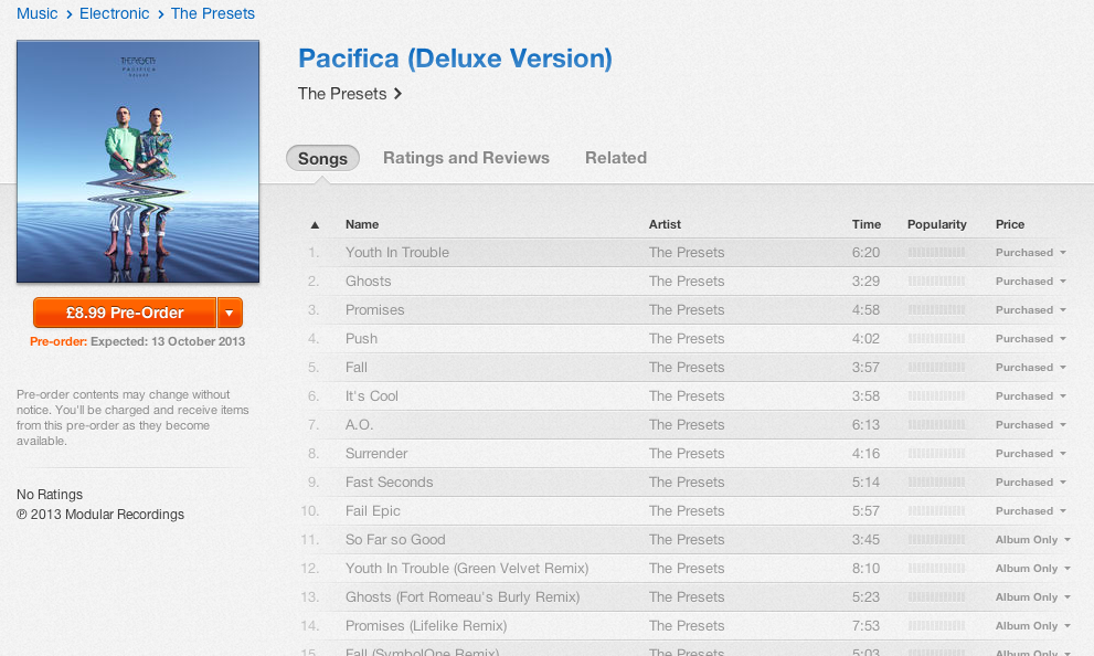 Pacifica Deluxe Edition on iTunes showing previously Purchased tracks
